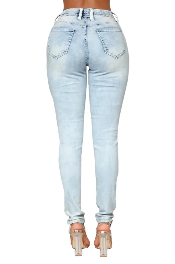 Light Blue Wash Knee Patch Denim Jogger Pants