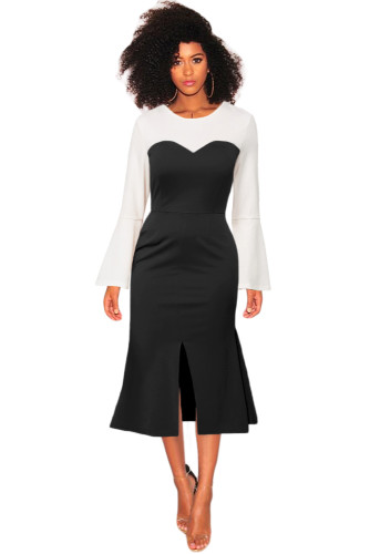 Long Bell Sleeve Black Sweetheart Patchwork Midi Dress
