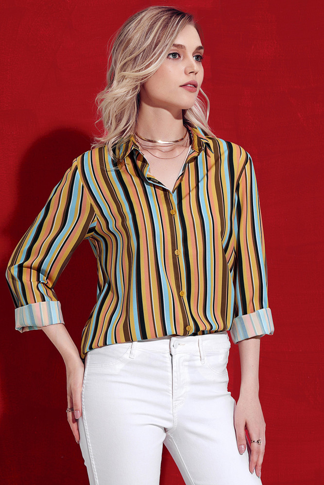 Yellow Multicolor Striped Long Sleeve Button Down Shirt