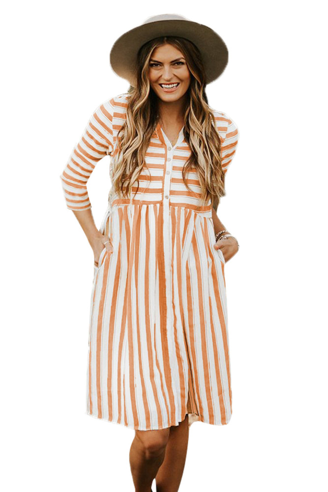 Light Orange Striped Casual Midi Shirt Dress