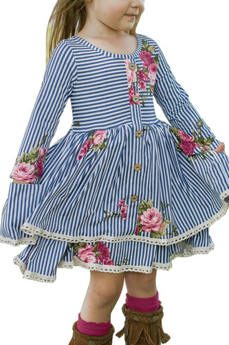 Blue Sweet Striped Floral Kids Dress