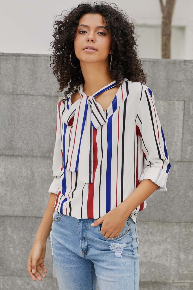 Royal Blue Multiple Striped Pussycat Bow Top