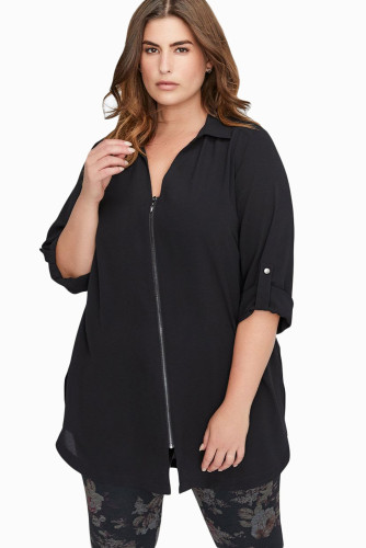 Black Plus Size Zip Down Chiffon Blouse