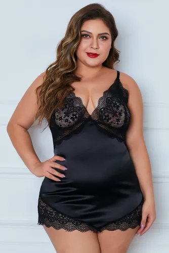 Black Lace Cups Silky Satin Plus Size Chemise