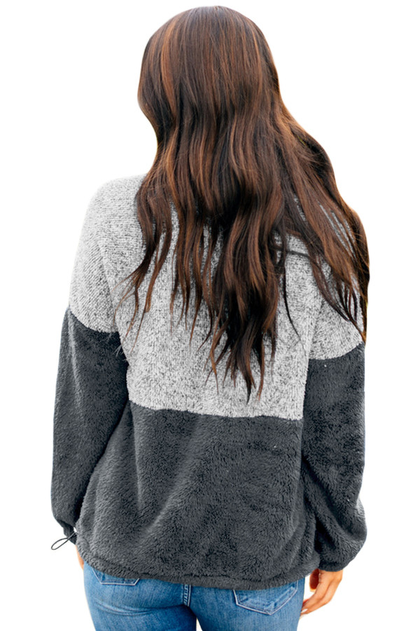 Double Gray Color Block Zip High Neck Fleece Sweatshirt