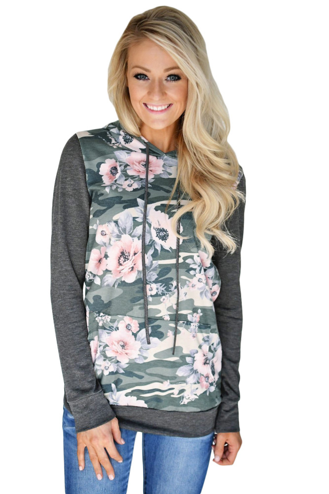 Charcoal Kangaroo Pocket Floral Hoodie