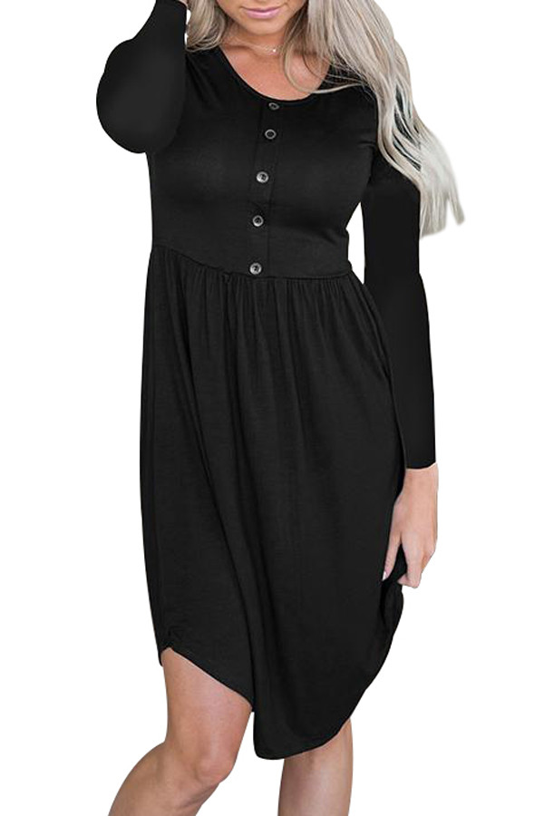 Black Long Sleeve Button Ruffled Irregular Hem Swing Dress