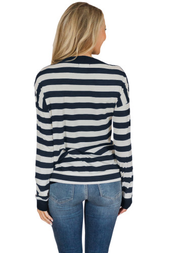Button On Shoulders Navy Striped Long Sleeve Top