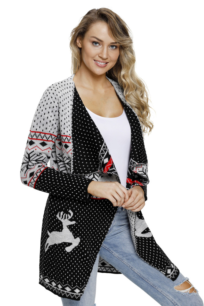 Reindeer in the Snow Gray Black Blocked Christmas Cardigan