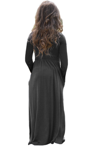 Black Long Sleeve Pocket Design Girls Maxi Dress