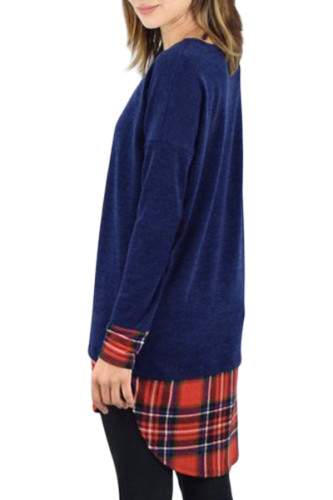 Plaid Splice Navy Long Sleeve Tunic Top