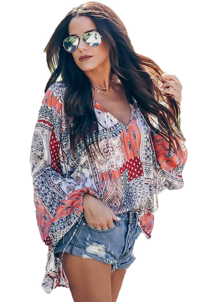 Light Gypsy Print Tassel Tie V Neck Blouse