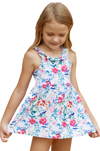 Floral Pattern Ruffle Neckline Toddler Girls Swim Dress