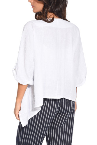 White Roll Tab Sleeve Button Front Casual Shirt
