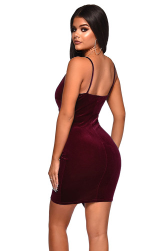 Red Wrapped V Neck Ruched Velvet Mini Dress