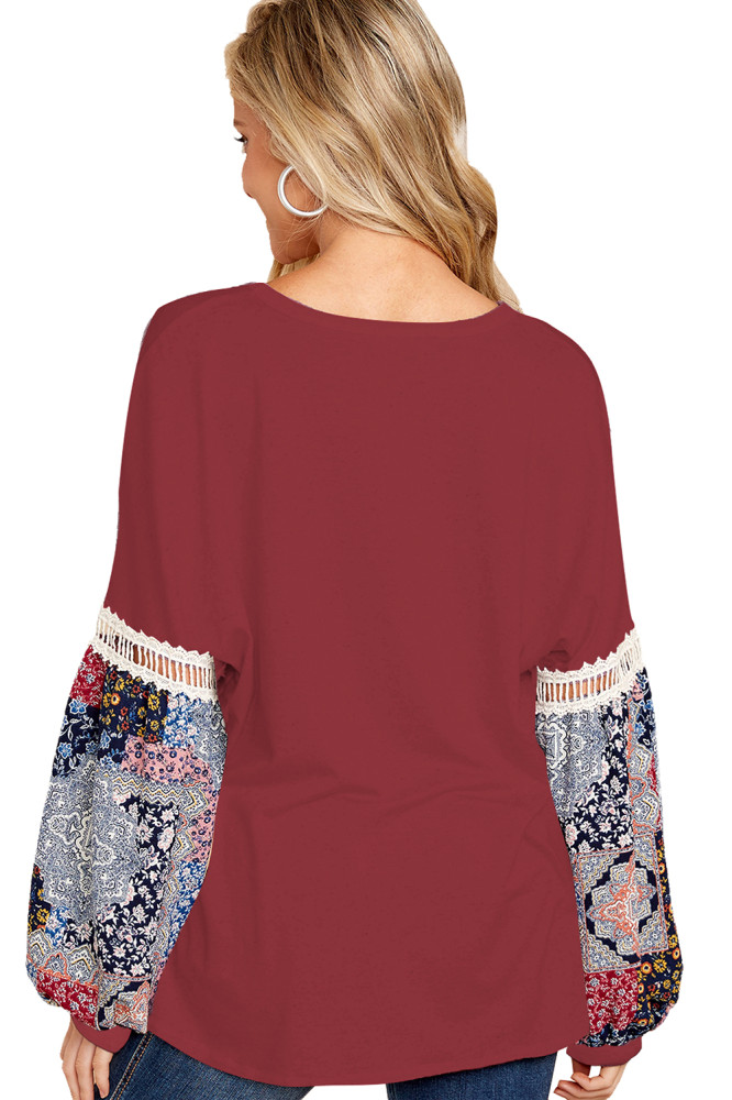Printed Bubble Sleeve Splice Scarlet Tunic Top