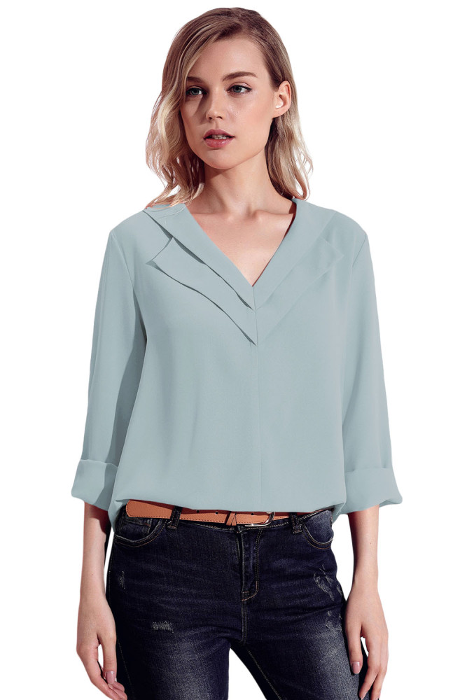 Grey Lapel V Neck Roll Sleeve Blouse