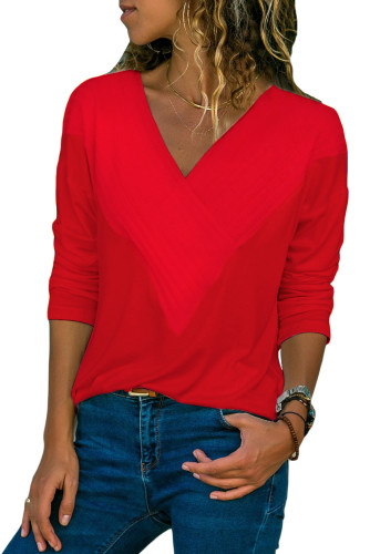 Red Long Sleeve V Neck Casual Top