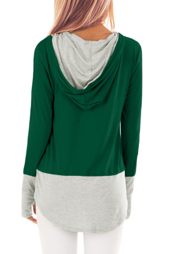 Pinstriped Patchwork Green Thumbhole Sleeved Hoodie