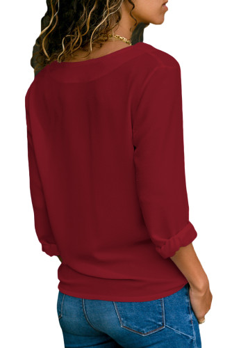 Burgundy Lapel V Neck Button Down Blouse