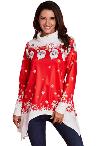 Cowl Neck Santa Claus Snowflake Xmas Tunic Top