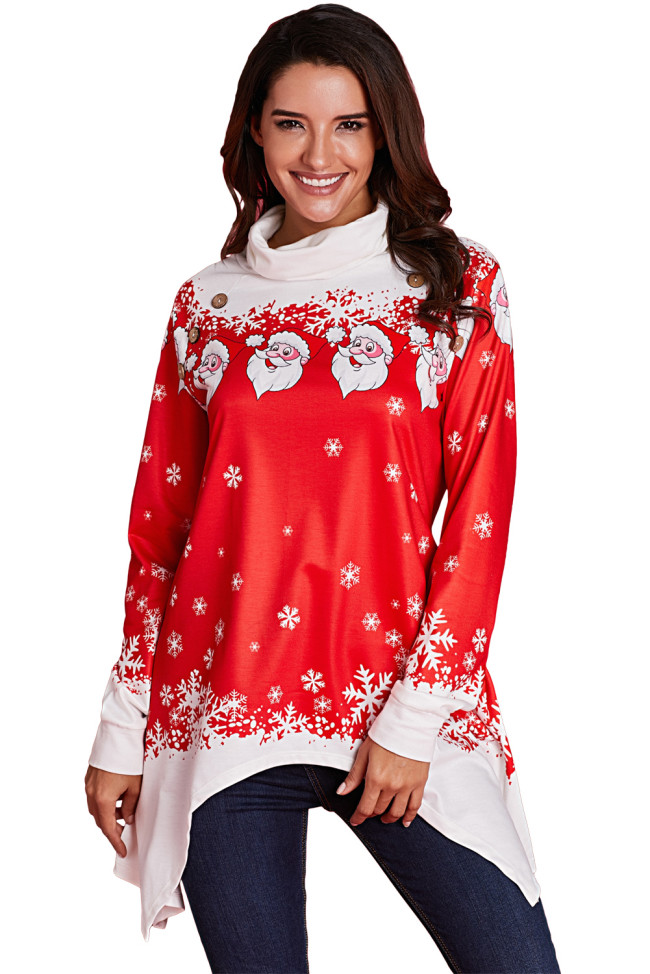 Cowl Neck Santa Claus Snowflake Xmas Tunic Top