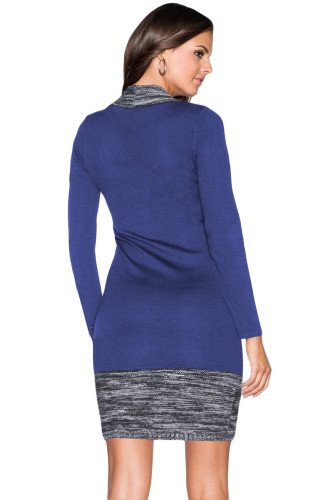 Blue Feminine Knit Dress with Contrasting Color