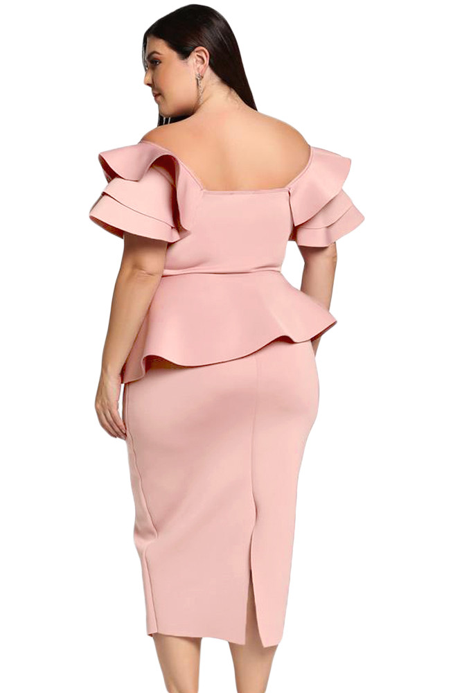 Pink Plus Size Tiered Sleeve Twisted Peplum Dress