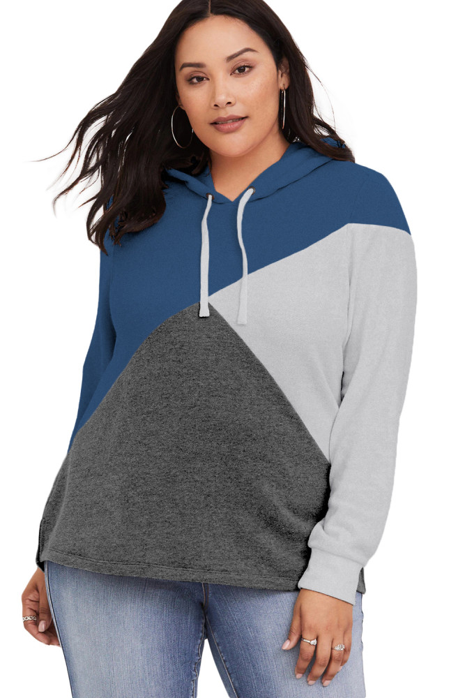Blue Hooded Tricolor Blocked Plus Size Top
