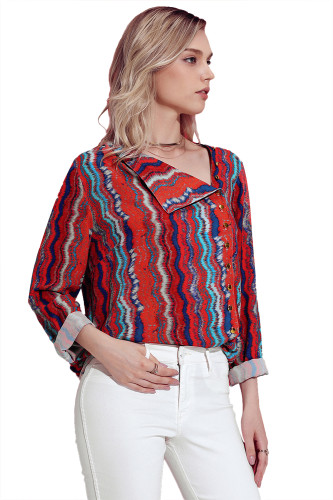 Multicolor Print Asymmetric Button Down Shirt