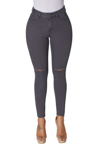 Gray Trendy Slit Knee Denim Pants