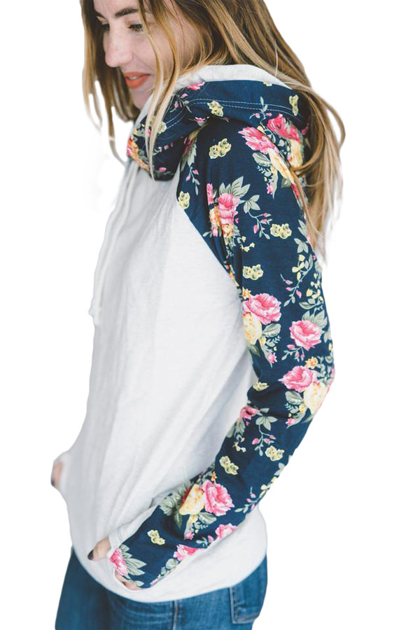 Floral Splice White Drawstring Hoodie