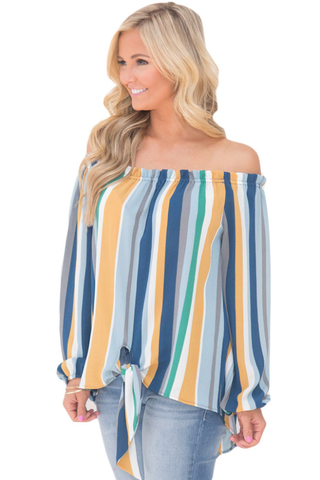 Blue Multicolor Striped Off Shoulder Blouse