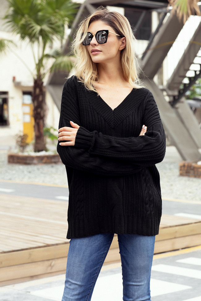 Black Cable Knit V Neck Sweater