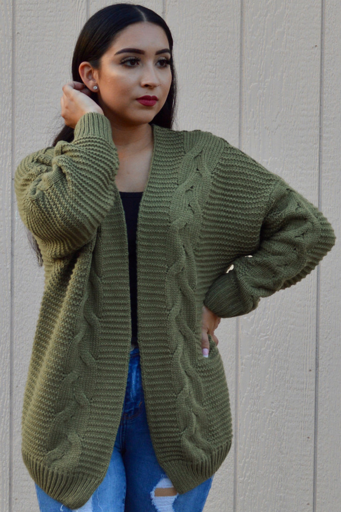 Green Chunky Wide Long Sleeve Knit Cardigan