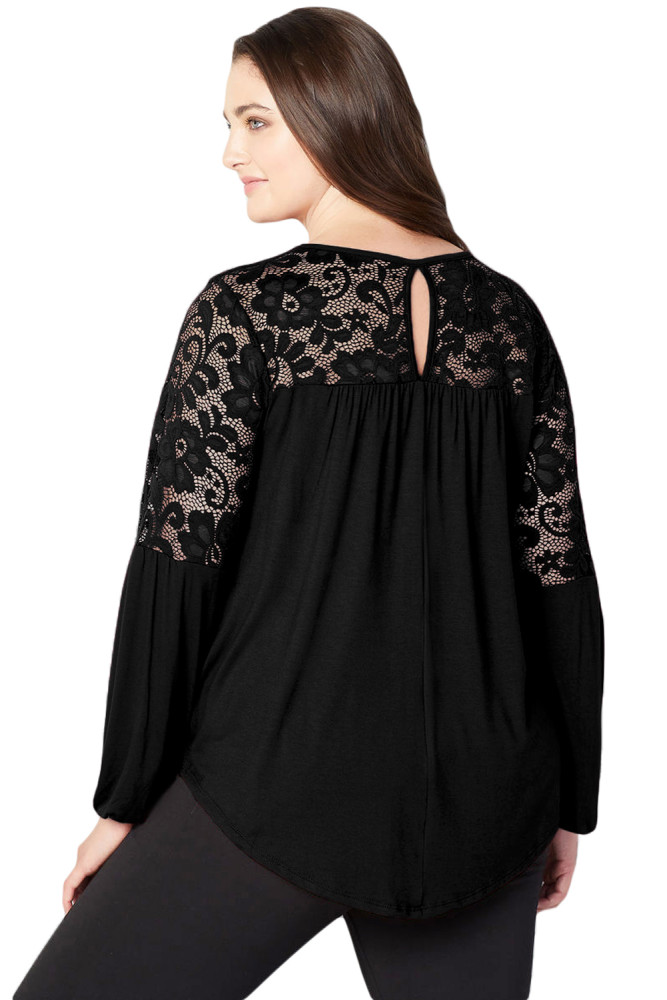 Black Lace Trim Keyhole Back Plus Size Top