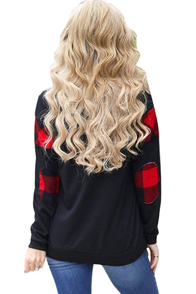 Red Color Block Plaid Shirt Crew Neck Elbow Patch Sweatshirt