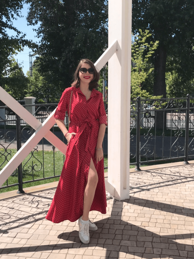 Red Polka Dot Button Down Maxi Shirt Dress