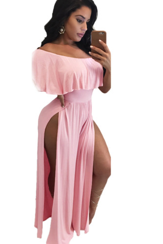 Pink Ruffle Off Shoulder High Slit Wide Leg Party Jumpsuit