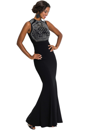 Rhinestone Embellished Bodice Black Sleeveless Party Dress