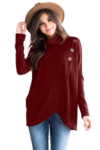 Burgundy Button Cowl Neck Overlap Tunic Top