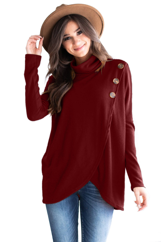 Burgundy Button Cowl Neck Overlap Tunic Top