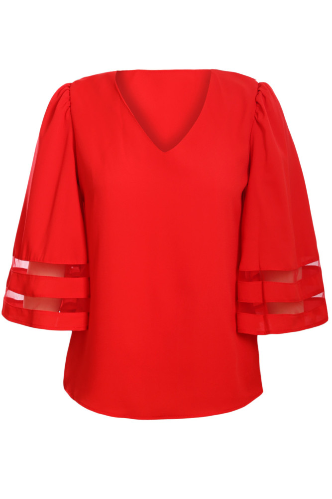 Red Flare Sleeve V Neck Loose Blouse