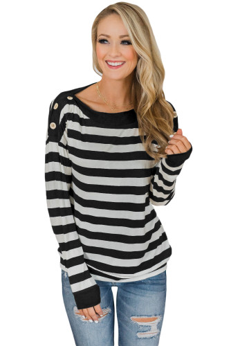 Button On Shoulders Black Striped Long Sleeve Top