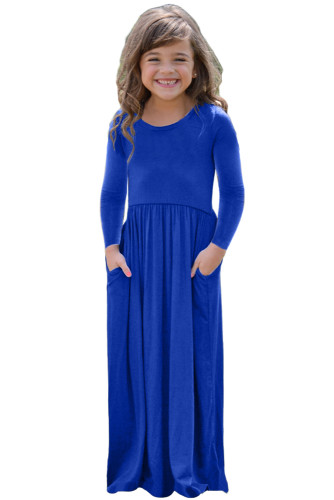 Royal Blue Long Sleeve Pocket Design Girls Maxi Dress