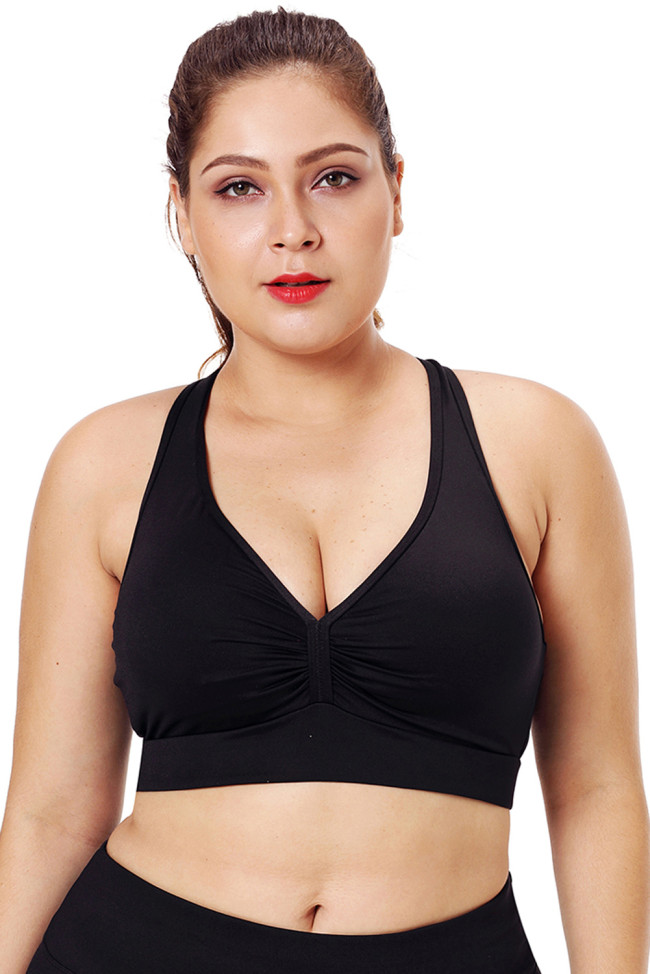 Black Plus Size Racerback Pleated Sport Bra