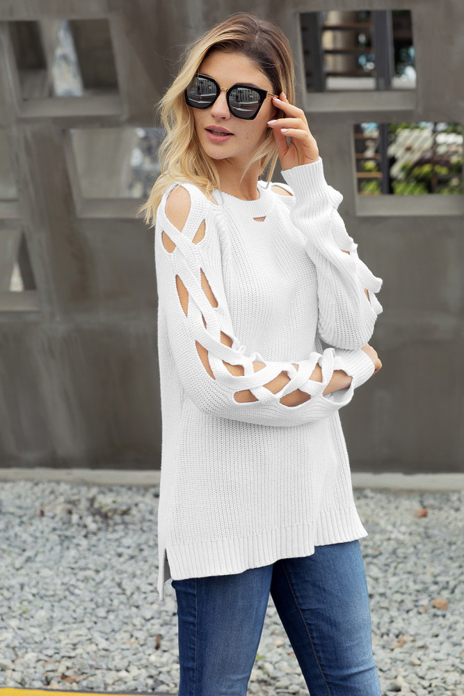 White Cutout Detail Ribbed Knit Sweater