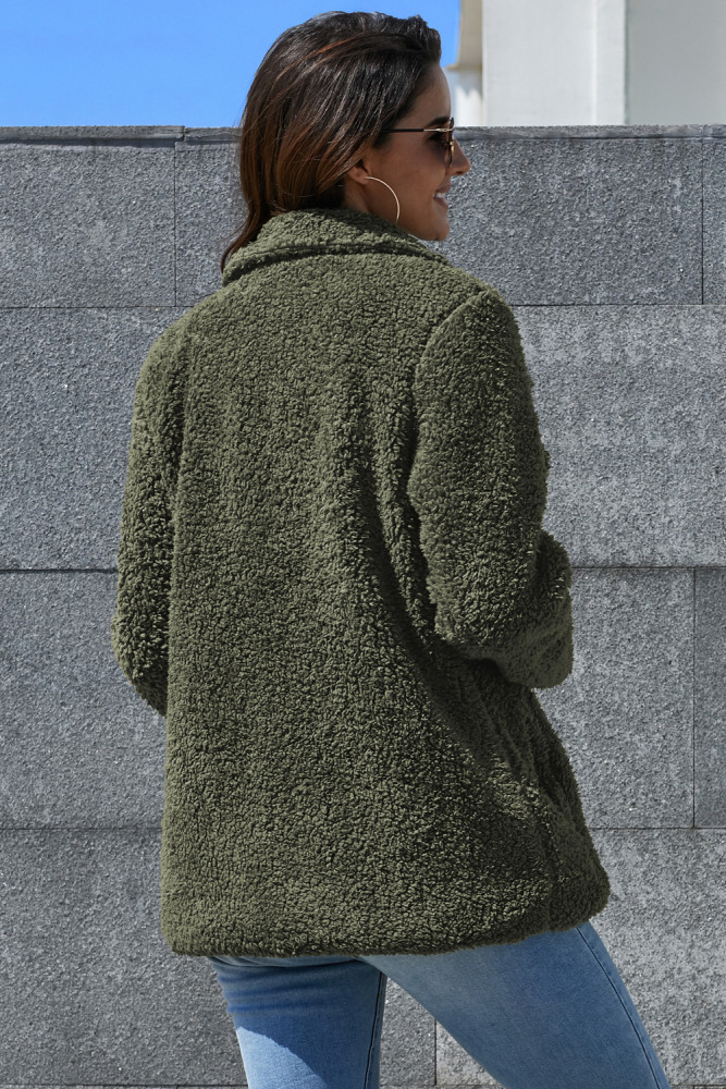 Army Green Fleece Open Front Coat with Pockets