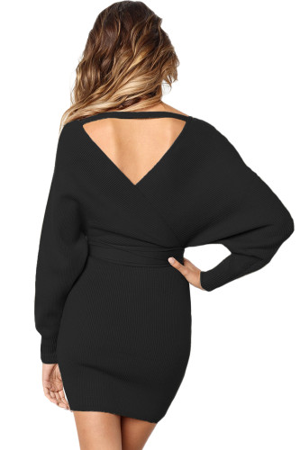 Black Long Sleeve V Neck Tied Sweater Dress