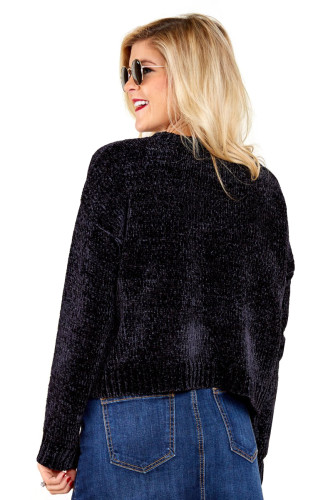 Black Round Neck Velvet Cropped Sweater